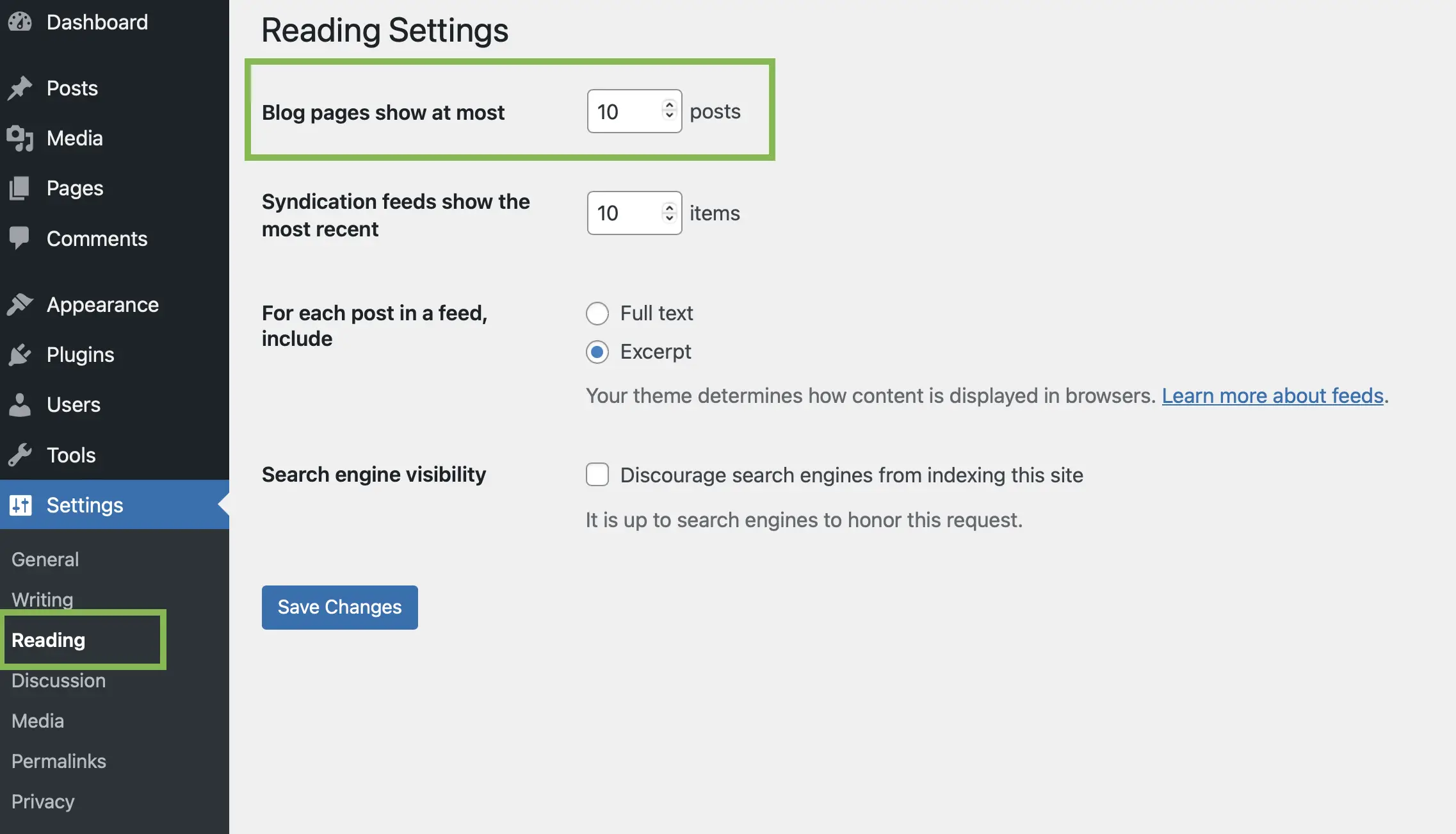 Reading Settings of WordPress