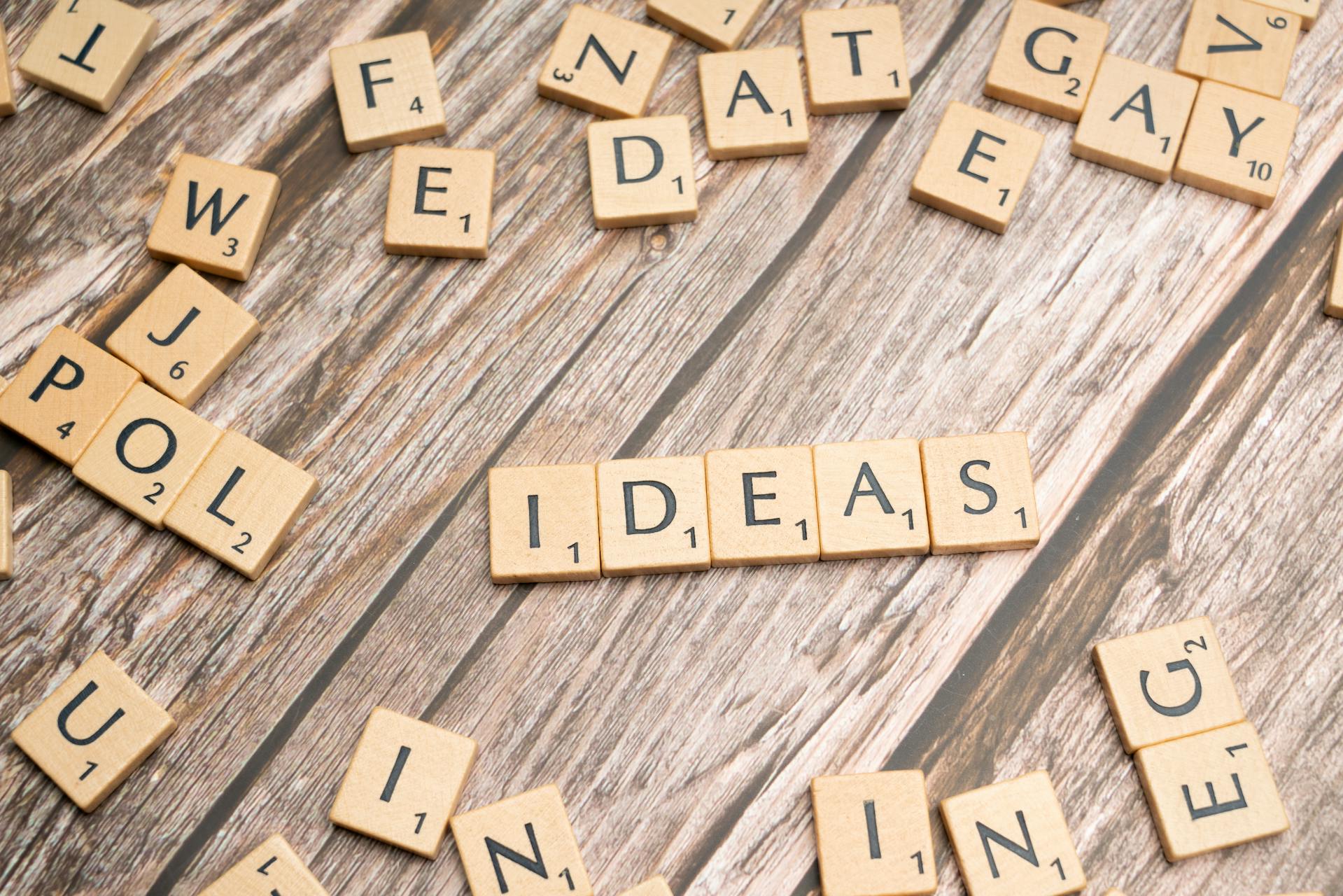 Scrabble letters spelling 'ideas' on a wooden table